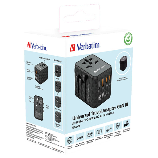 Verbatim GaN III Universal Travel Adapter UTA-05 65W with 2 x USB-C PD & QC 4+ & 2 x USB-A ports