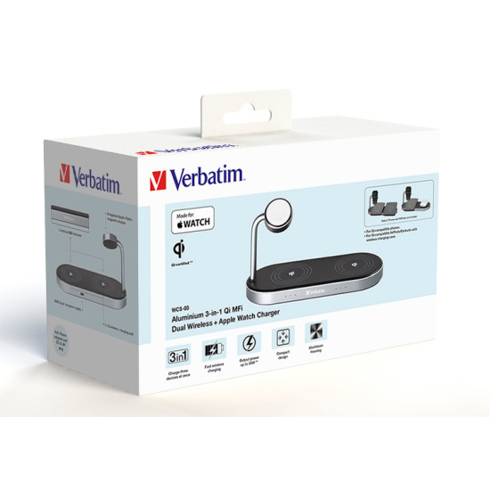 Verbatim 3-in-1 Dual Charging Stand. Wired and Wireless Charging for your Apple watch and iPhone