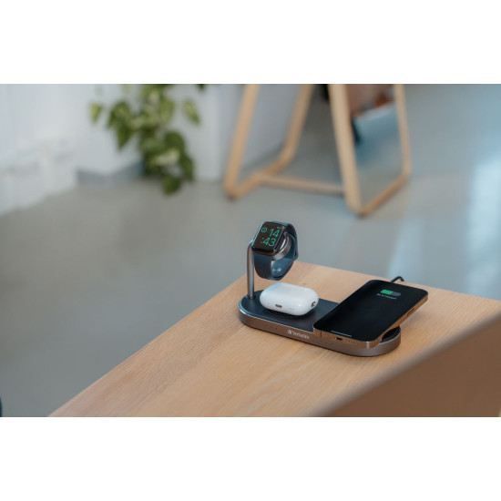 Verbatim 3-in-1 Dual Charging Stand. Wired and Wireless Charging for your Apple watch and iPhone