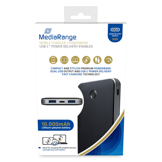 MediaRange 10.000mAh, 2x USB-A and 1x USB-C®, supports USB-C® Power Delivery and Quick Charge™, black/silver