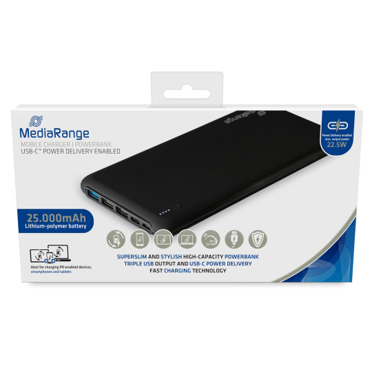MediaRange 25000mAh Power Bank Quick Charge 3x USB-A and