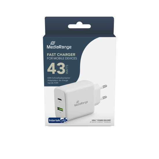 MediaRange 43W Fast charging adapter (Euro plug), 1x USB-C and 1x USB-A, USB-C® Power Delivery and Quick Charge™ enabled