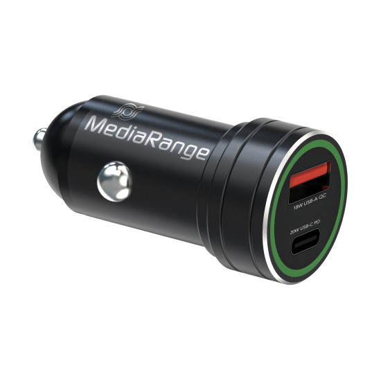 MediaRange 20W In-car charger with 1x USB-A and 1x USB-C port, black aluminium housing