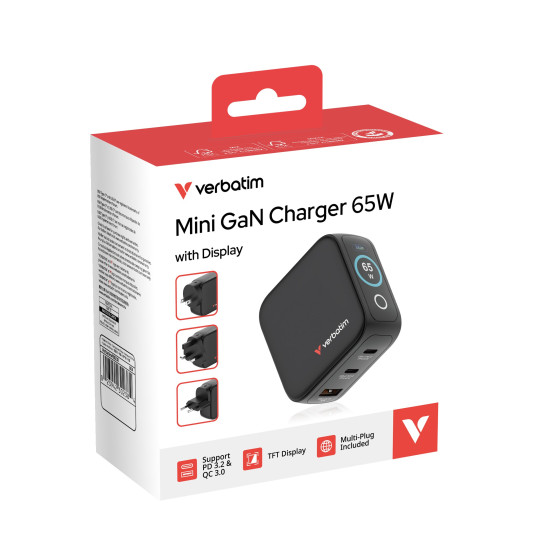 Verbatim Mini GaN Charger with Display 65W 3 Port