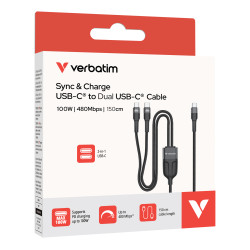 Verbatim Sync & Charge Cable - 100W USB-C to Dual USB-C Cable | 150cm 