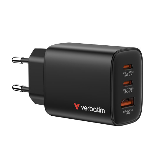 Verbatim Essentials GaN Wall Charger EU Plug 65W 3-Port - Black
