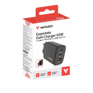 Verbatim Essentials GaN Wall Charger EU Plug 65W 3-Port - Black