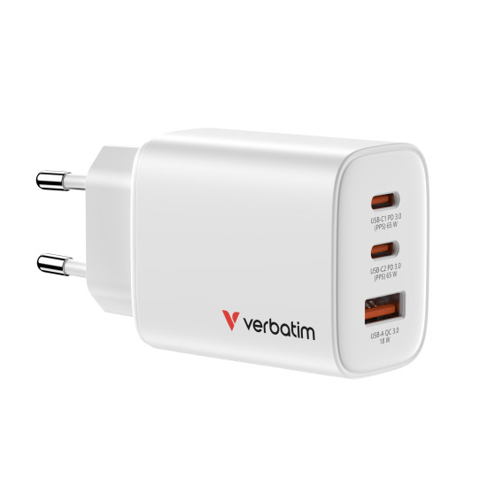 Verbatim Essentials GaN Wall Charger EU Plug 65W 3-Port - White