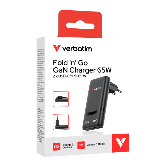 Verbatim Fold 'n' Go GaN Charger 65W 2-Port EU Plug - Black