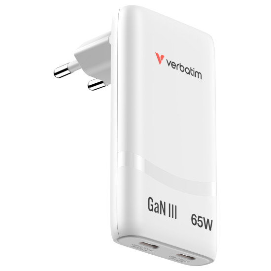 Verbatim Fold 'n' Go GaN Charger 65W 2-Port EU Plug - White
