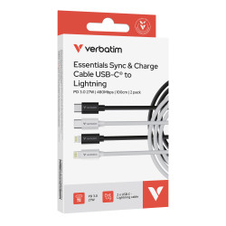 Verbatim Essentials Sync & Charge Cable - 27W USB-C to Lightning 2 pk․ Black & White 
