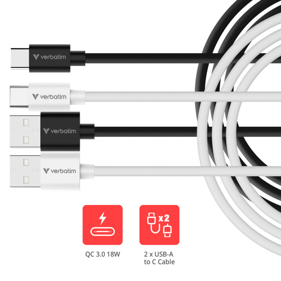 Verbatim Essentials Sync & Charge Cable - 18W USB-A to C 2 pk․ Black & White 