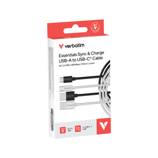 Verbatim Essentials Sync & Charge Cable - 18W USB-A to C 2 pk․ Black & White 