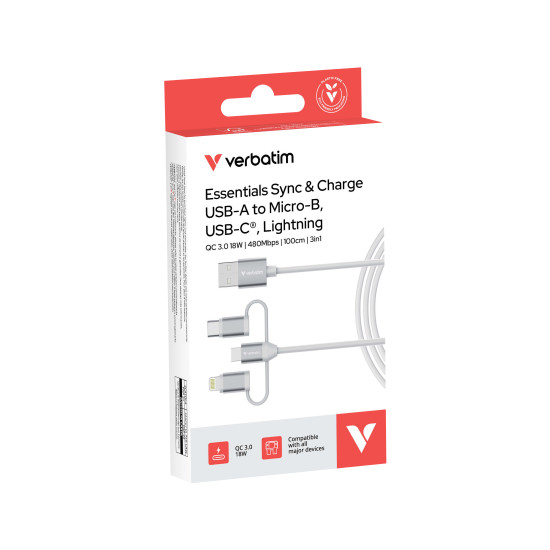 Verbatim Essentials 3-in-1 Sync & Charge Cable - 18W USB-A to Micro-B, USB-C and Lightning
