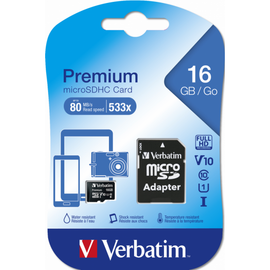 Verbatim Premium U1 MicroSDHC Card 16GB + adapter